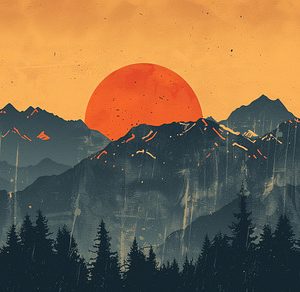 Vintage mountain landscape at sunset
