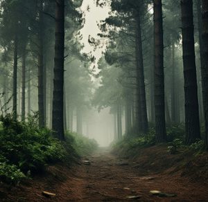 Mystical forest path in morning fog
