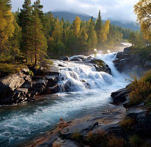Powerful waterfall rushes through