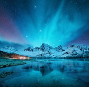Northern lights, snowy mountains