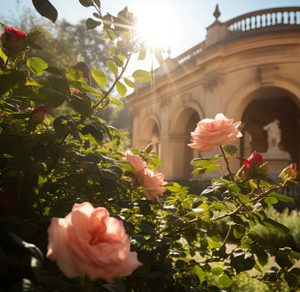 Sunlit courtyard roses. Generate ai