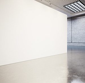 Empty gallery interior with white canvas and bricks 3d render stock photo