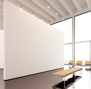 Photo exposition modern gallery,open space.Big white empty canvas hanging contemporary art museum.Interior loft style with concrete floor,light spots,generic design furniture and building.3d rendering