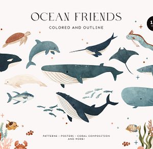 Ocean Animals: colored & outline